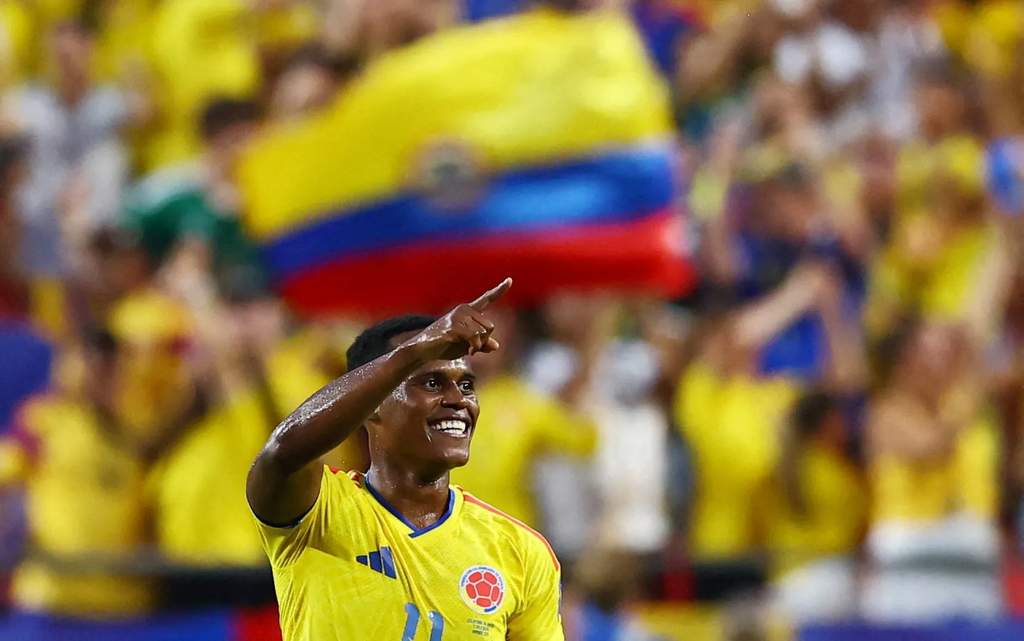 Selebrasi Jhon Arias setelah mencetak gol kemenangan Kolombia atas Ghana.