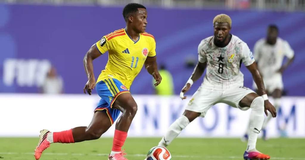 Aksi Jhon Arias saat mencetak gol kemenangan Colombia atas Ghana.
