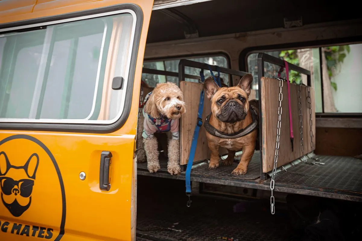Sekelompok anjing menggemaskan naik bus sekolah khusus hewan peliharaan